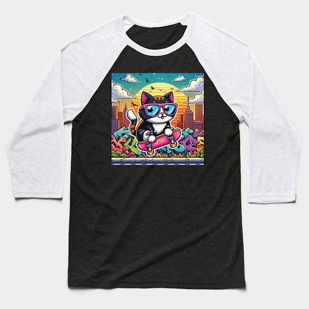 Cat Wearing Sunglasses Riding A Skateboard Baseball T-Shirt by SARKAR3.0